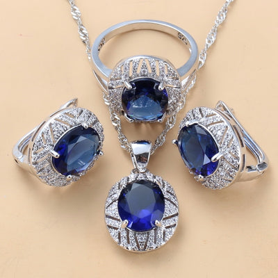 Bridal Costume 925 Sterling Silver With Natural CZ Blue Big Jewelry Sets Dangle Clip Earrings And Ring 6-Color Sets For Women Gift