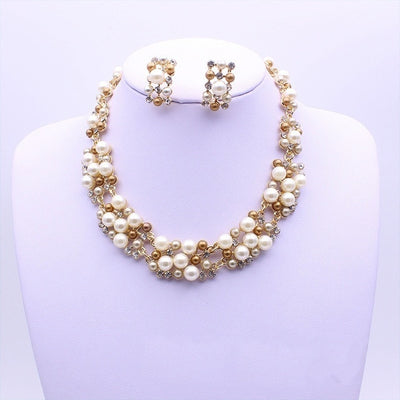Simple Imitation Pearl Elegant Bridal Jewelry Crystal Necklace Earrings for Girl Party Gift Rhinestone Engagement Jewelry Sets