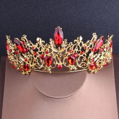 Gold and Red Crystal Jewelry Sets with Rhinestone and Tiara Crown Choker Necklace Earrings Set