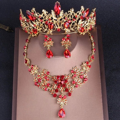 Gold and Red Crystal Jewelry Sets with Rhinestone and Tiara Crown Choker Necklace Earrings Set