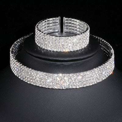 Classic Elegant Silver Color Tassel Crystal Bridal Jewelry Sets African Rhinestone Wedding Necklace Earrings Bracelet Sets WX081