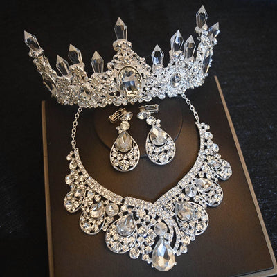 Luxury Big Rhinestone Bridal Jewelry Sets Silver Crystal Crown Tiaras Statement Necklace Earrings Set For Bride Hair Accessories
