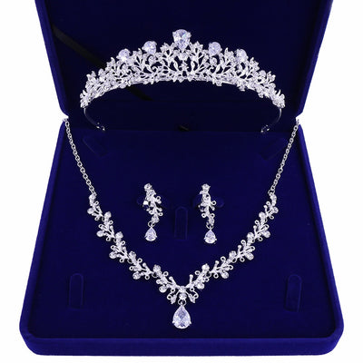 Rhinestone and Crystal Leaf Bridal Jewelry Sets with Crown Tiara Necklace and Earrings
